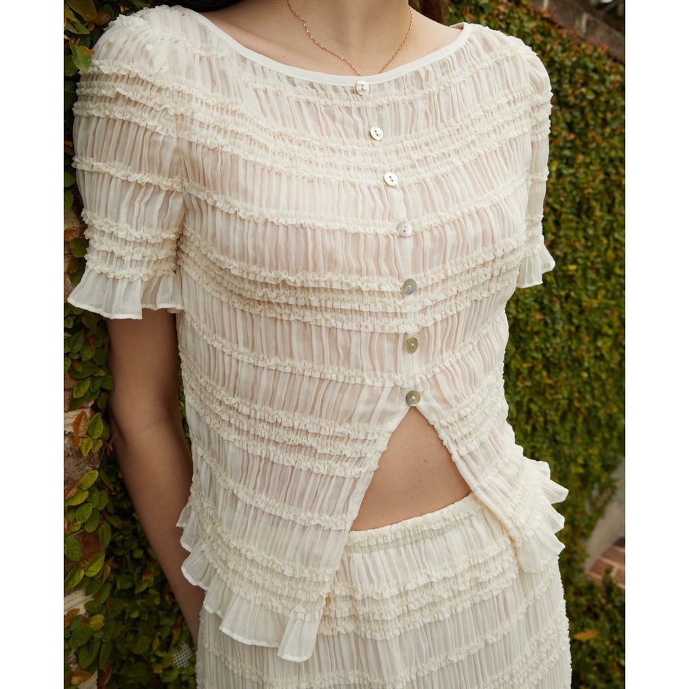 Few Moda Kourt Nyssa Womens Cream Smocked Ruffle Button Front Blouse Top Medium